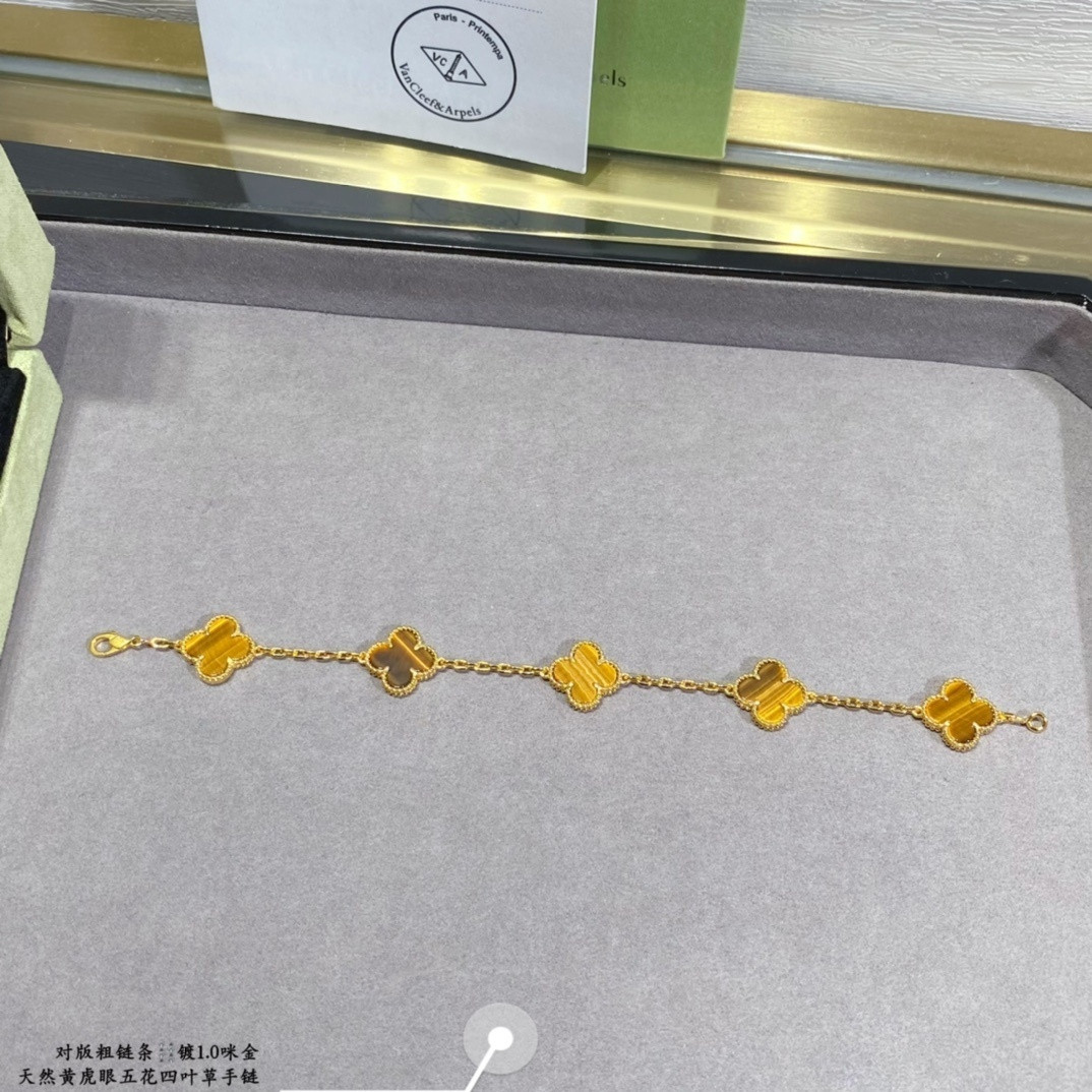 V*N CL*F & arpels yellow tiger eye five-flowered four-leaf clover bracelet chain length approx.19cm