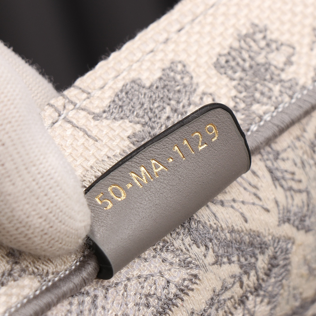 medium D*or book tote ecru and gray toile de jouy embroidery 14 x 11 x 6.5 inches