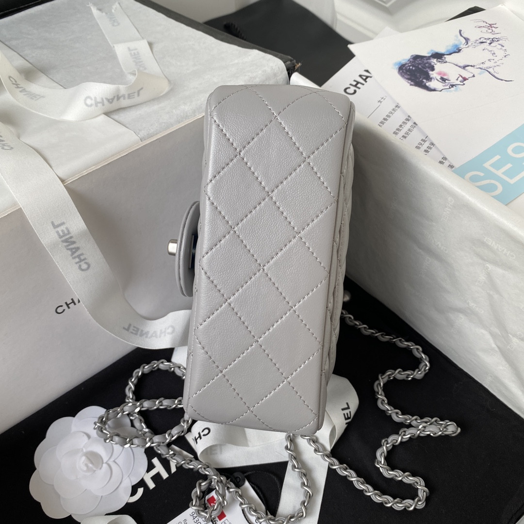 Ch*el mini flap bag shiny calfskin & silver-tone metal light gray 5.3 × 6.6 × 3.1 in