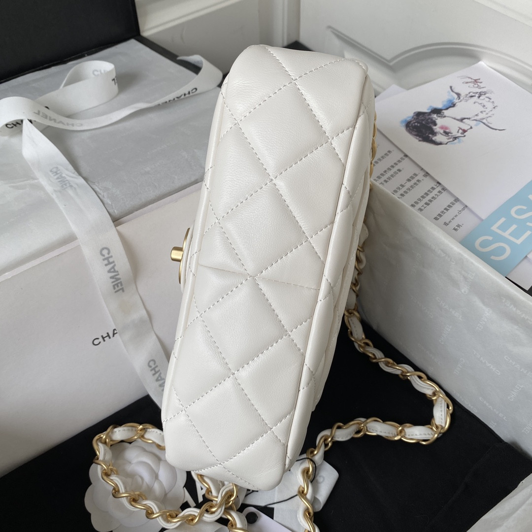 Ch*el small classic handbag grained shiny calfskin & gold-tone metal white 5.7 × 9 × 2.3 in