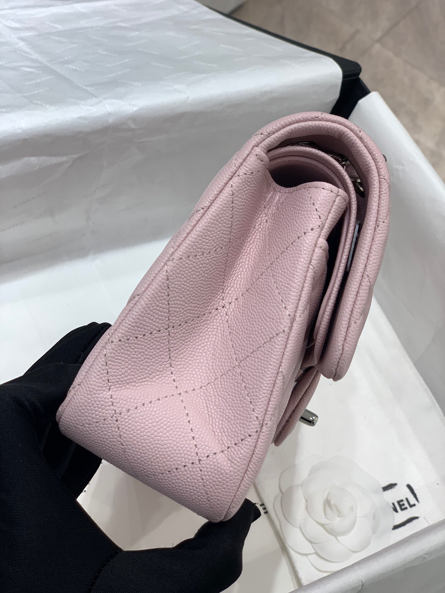 Ch*el classic handbag grained calfskin & silver-tone metal pink 6 × 9.9 × 2.5 in